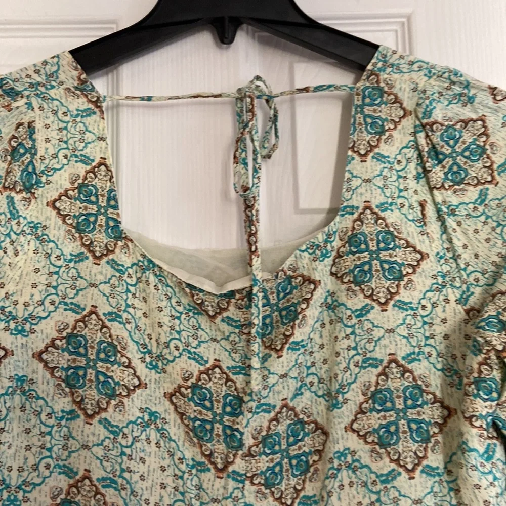 Umgee Aqua Teal Patterned Mini Dress with Olive Bell Sleeves - Picture 10 of 11